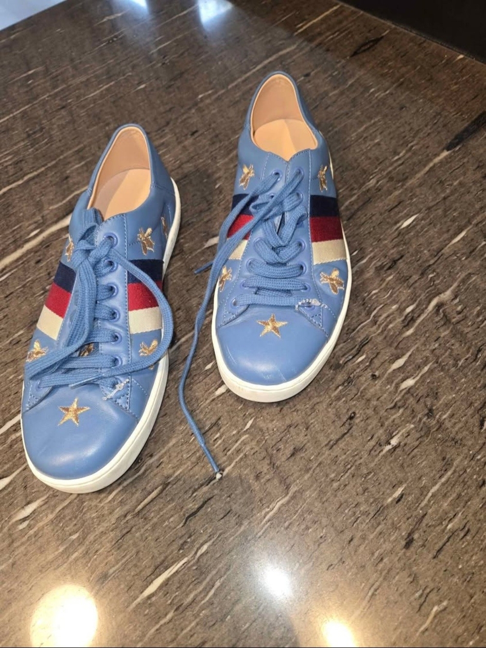 GUCCILight Blue Embroidered Star Sneakers with Red & Navy Stripe - Size 41 Woman